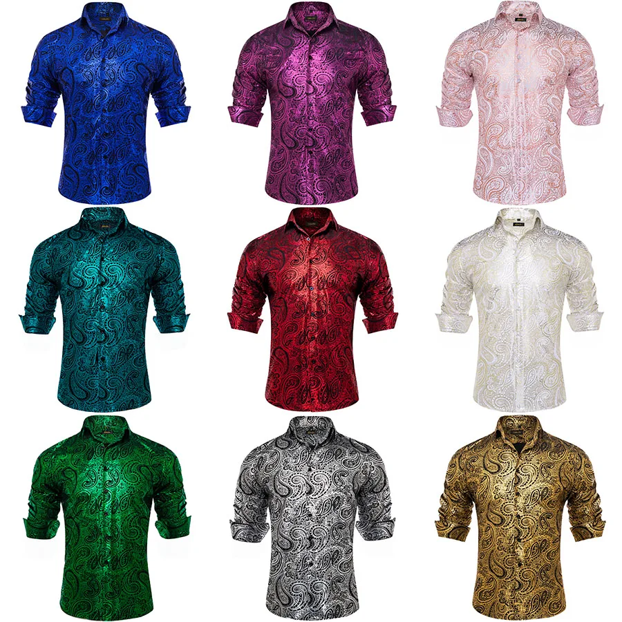 Luxury Paisley Gilding Teal Green Shirts Men Long Sleeve Spring Autumn Clothing Wedding Prom Social Dress Shirt Blouse mens dress shirt