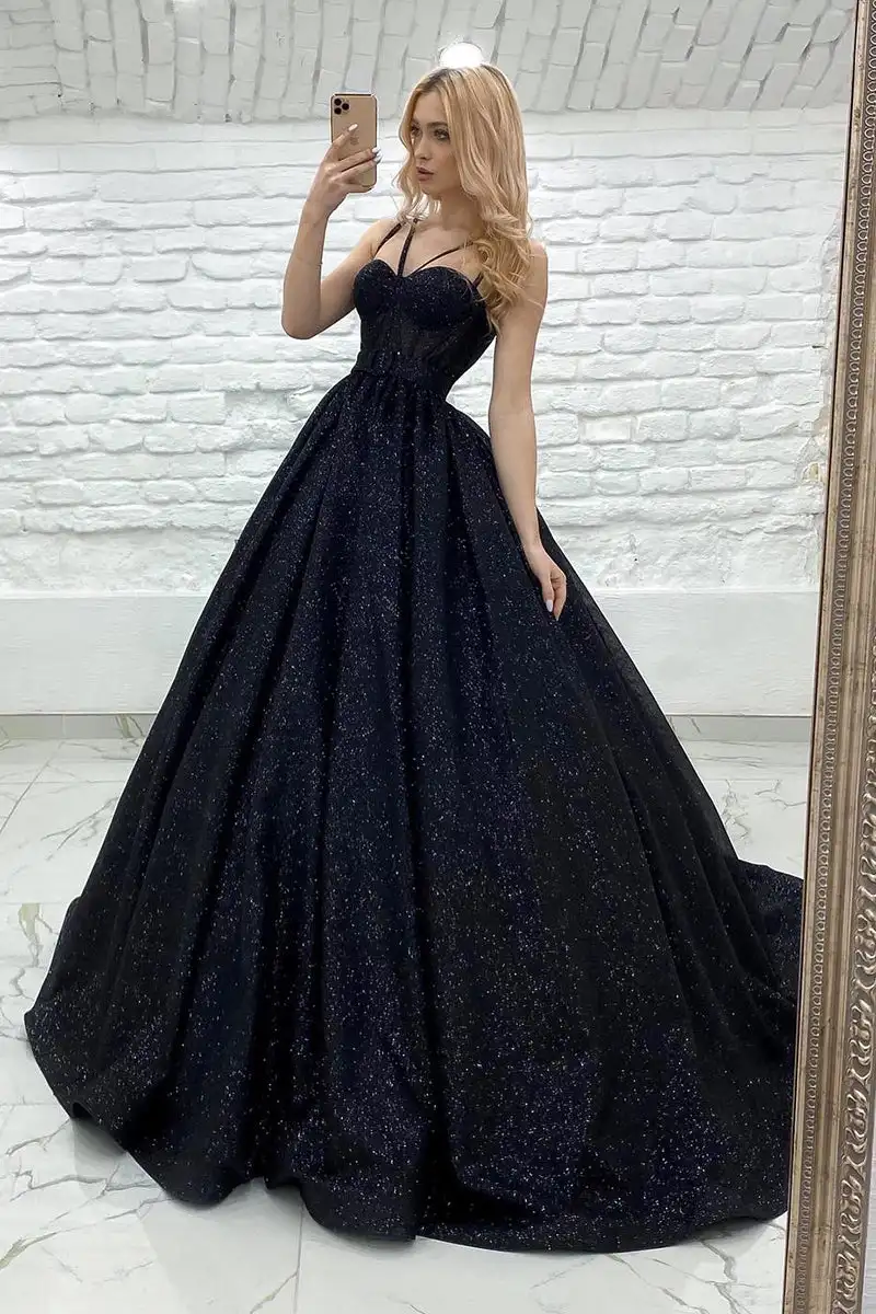 

Sequined Prom Dresses Bling Glitters Ball Gown Sweetheart Cross Spaghetti Straps Long Formal Party Evening Gowns Women Dress