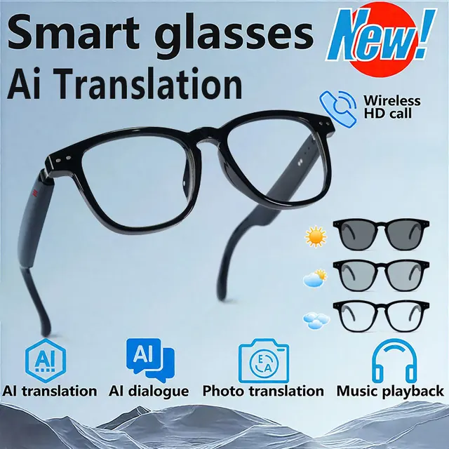 AI Translation Smart Glasses, photochromic lenses, support 160+ languages real-time translation, fashionable audio glasses.