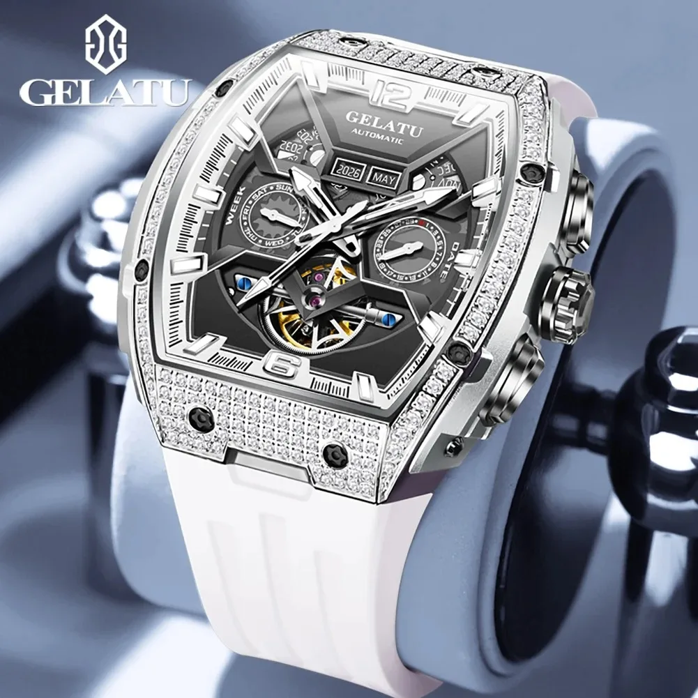

GELATU Top Brand Men's Date Week Waterproof Luminous Watches Full Automatic Wristwatch for Man Hollow Mechanical Flywheel Clock