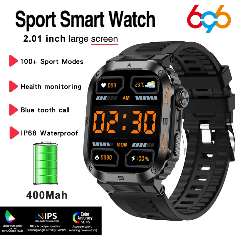 

Мужские уличные спортивные Смарт-часы с Bluetooth 2023 дюйма, пульсометром и оксиметром, 2,01 мАч