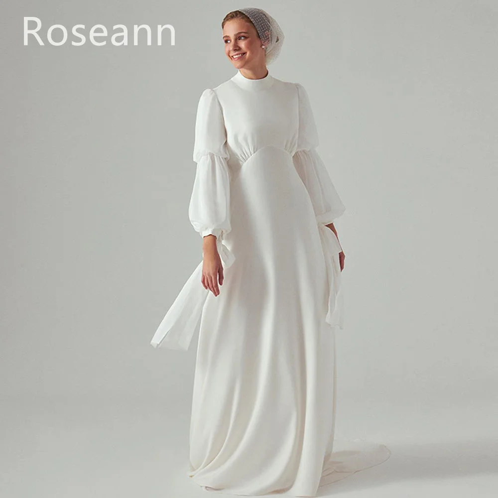 

Muslim Simple Ivory A-line Wedding Dresses High Collar Ruffle Soutache Full Draped Pleat Bride Gown Anke Length robe de mariée