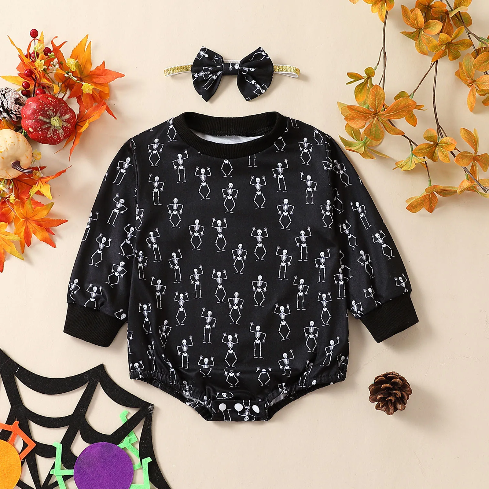 

Baby Long Sleeve Rompers Toddler Boys Girls Halloween Cartoon Print Jumpsuit Infant Autumn Bodysuits+Bow Headband Party Outfits