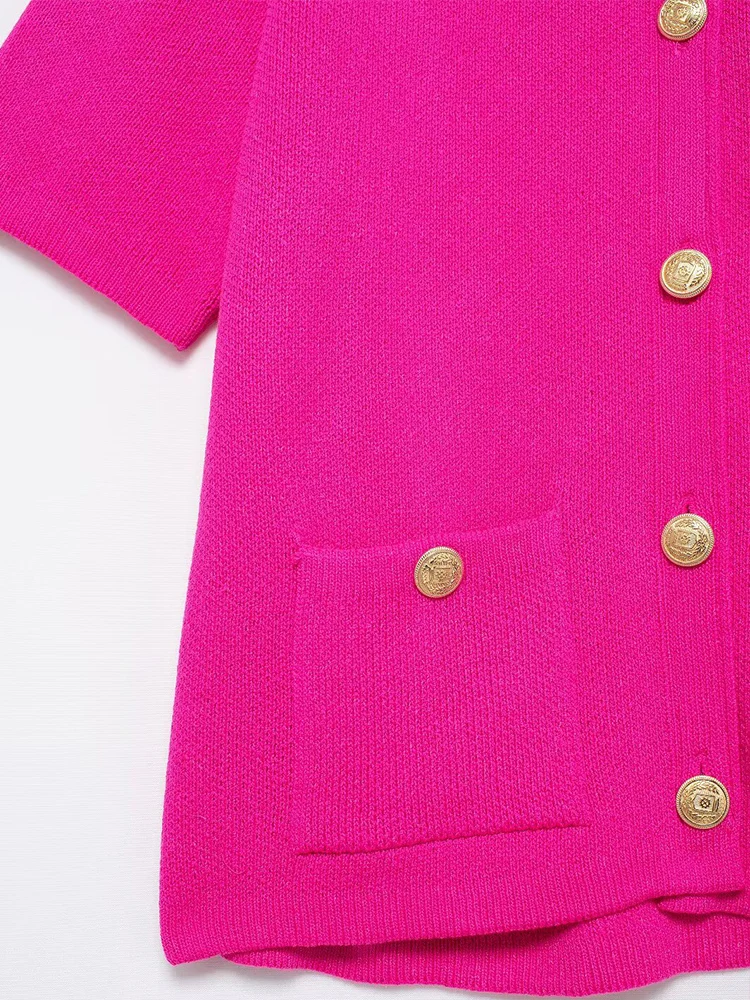 TFMLN Female Knitted Short Sleeve Sweater Women's Summer New O-neck Cardigan Loose Casual Single Breasted Lady Pockets Tops