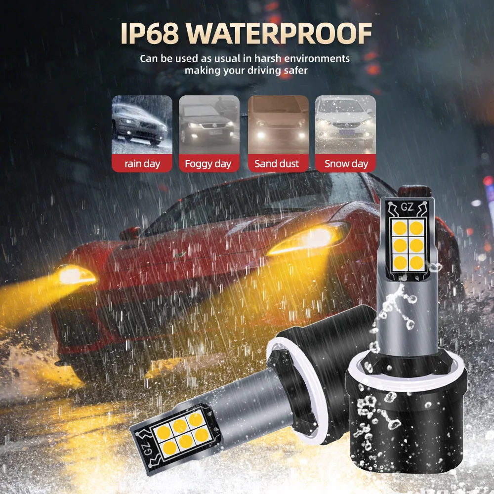 2PCS 880/H27 LED 안개등 3000K 노란색 전구 30000LM Canbus 오류 없음 업그레이드 CSP 칩 고출력 DRL 램프 플러그 앤 플레이