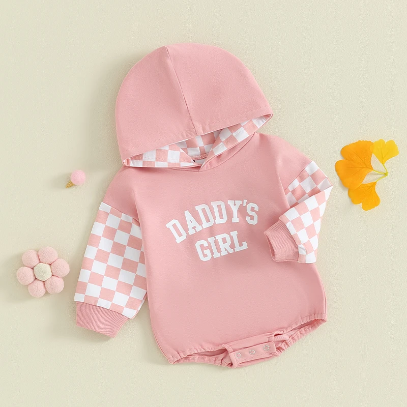 

Newborn Infant Baby Girl Hoodie Romper Daddy s Girl Oversized Sweatshirt Checkerboard Hooded Pullover Long Sleeve Top