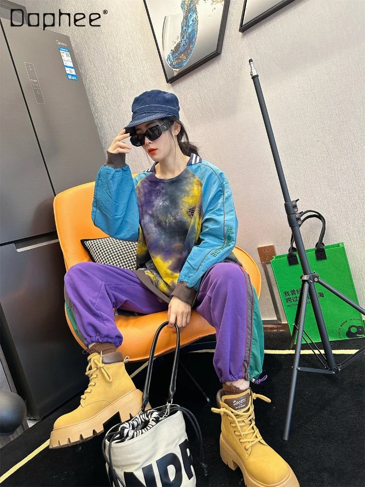 

Korean Style Loose Mid-Length Tie-Dye Letter Print Hoodies Women Autumn New Round Neck Pullover Long Sleeve Oversized Sweatshirt