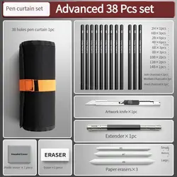 Deluxe Sketching Pencil Set with Roll-Up Canvas Case and Art Supplies (38Pcs set)
