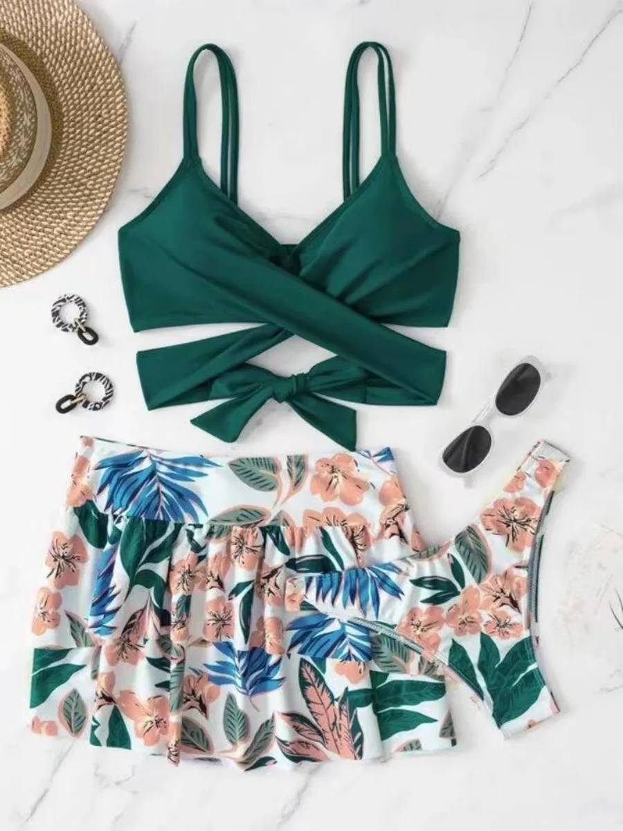 2024 New Swimwear Women Sexy Backless Push Up Swimsuit Print Floral Bikini Three Pieces Skirt-Style Cover Up Beach Bathing Suit
