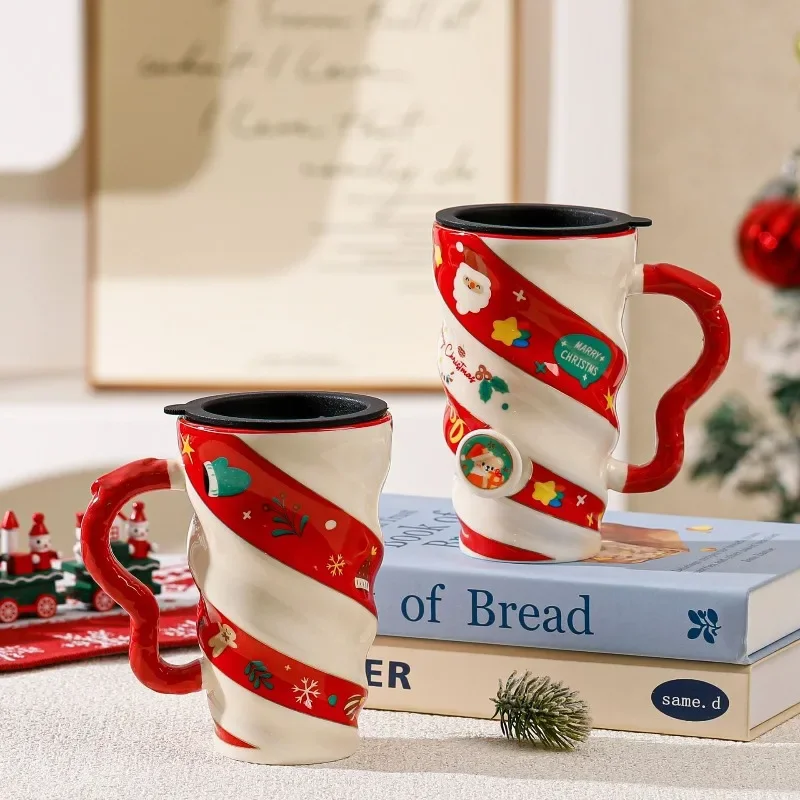 Hot Christmas Threaded Elk Couple Ceramic Mug Trendy Water Cup Home Office Milk Breakfast Cup Handheld Gift with Lid Gift Box LI