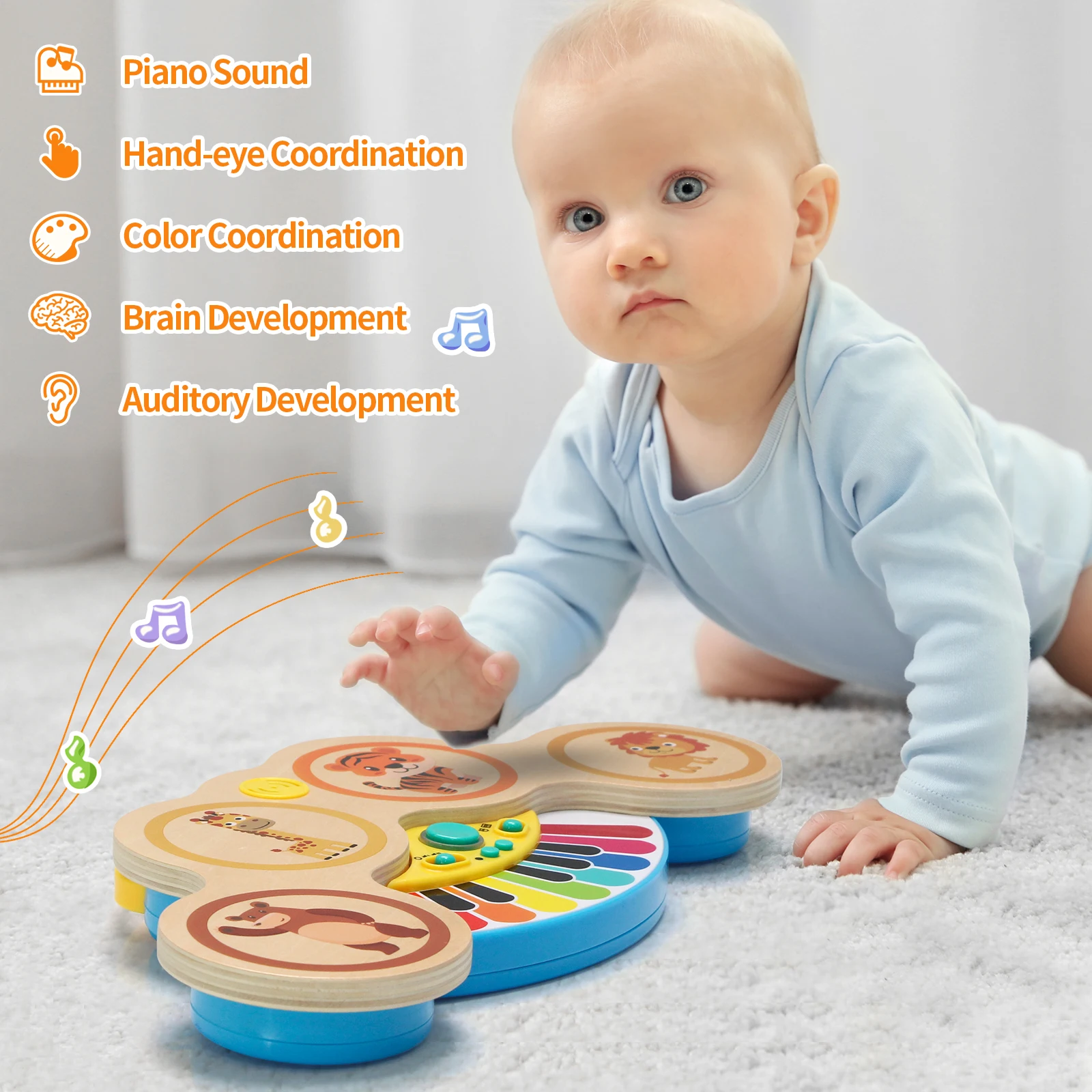 Wooden 2in1 Keyboard Piano Clapping Drum with Light & Music Cartoon Animals Music Toys Educational Toys for 12 months Baby Gifts 5