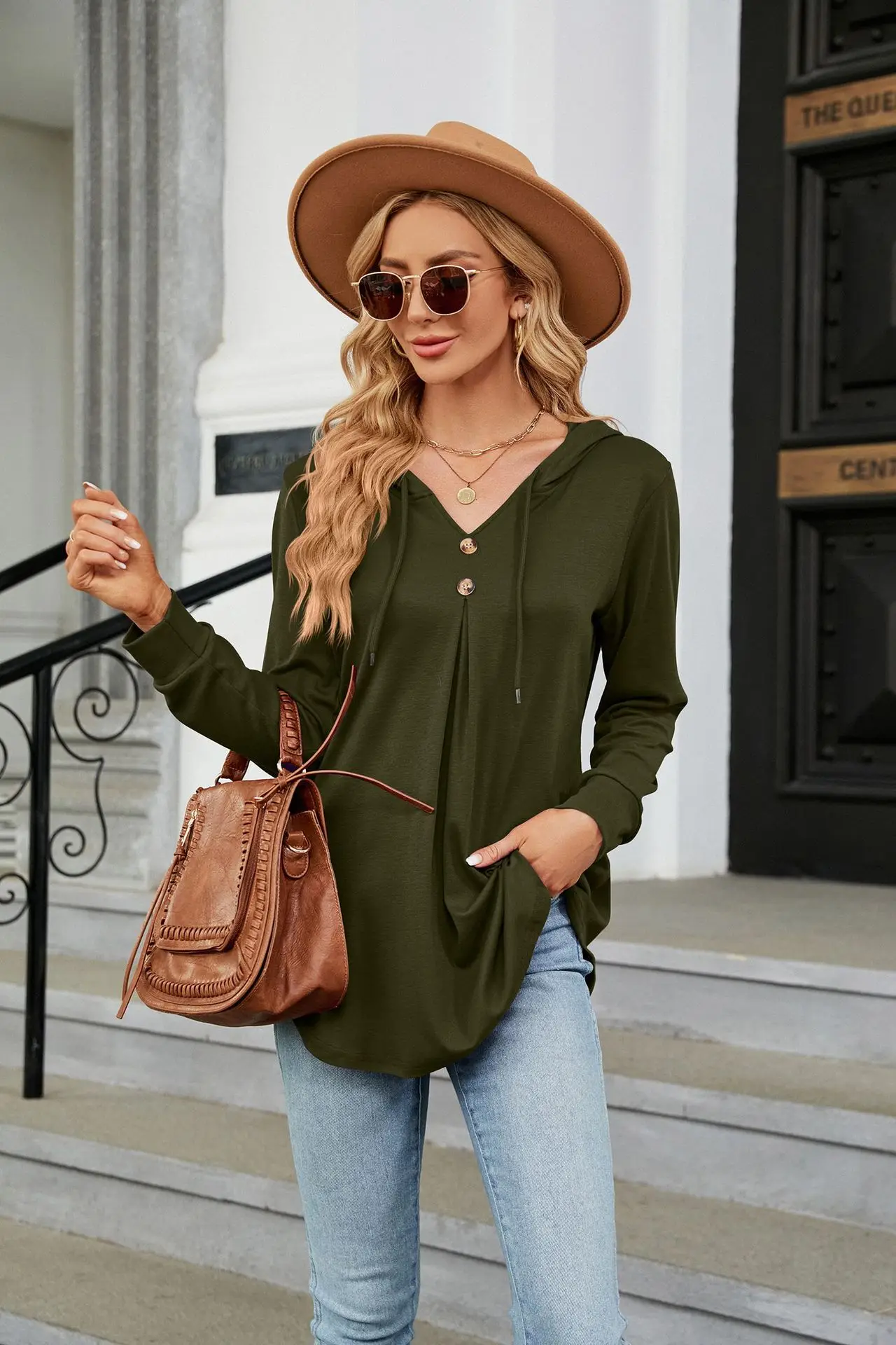Women's Hooded Loose Long-Sleeved Pullover, Sports Hoodie, Casual Top, Monochromatic, V-Neck, Button, Trending, Autumn, Winter