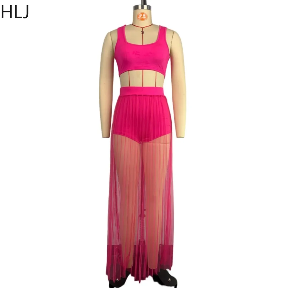 HLJ Fashion Solid Mesh Pleated Skirts Two Piece Sets Women Strap Sleevless Vest And A-line Skirts Outfits Summer Beach Clothing