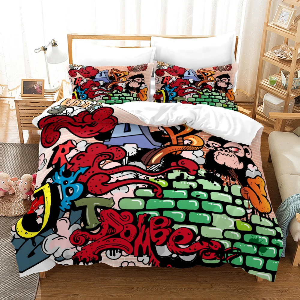 Hip Hop Bedding Set Screenshot Doodle Duvet Cover Colorful Comforter Cover Pillowcase for Teens Bedroom Decorative Quilt Cover 
