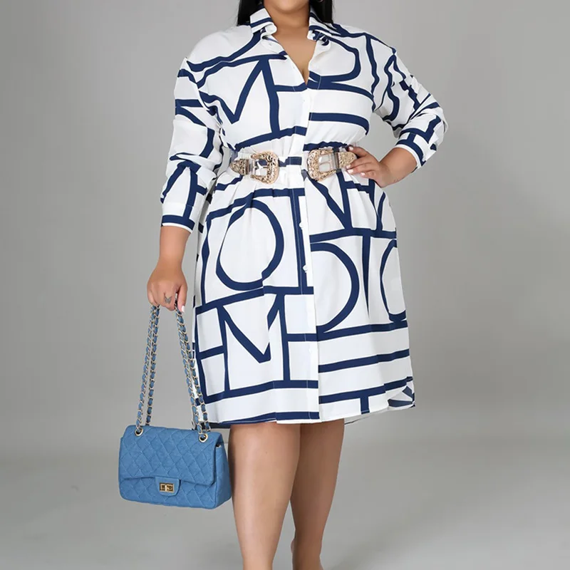 Plus Size Clothes Women Spring Geometric Print Long Sleeve Shirt Skirt Simplicity Fashion Turn-down Collar Loose Irregular Dress