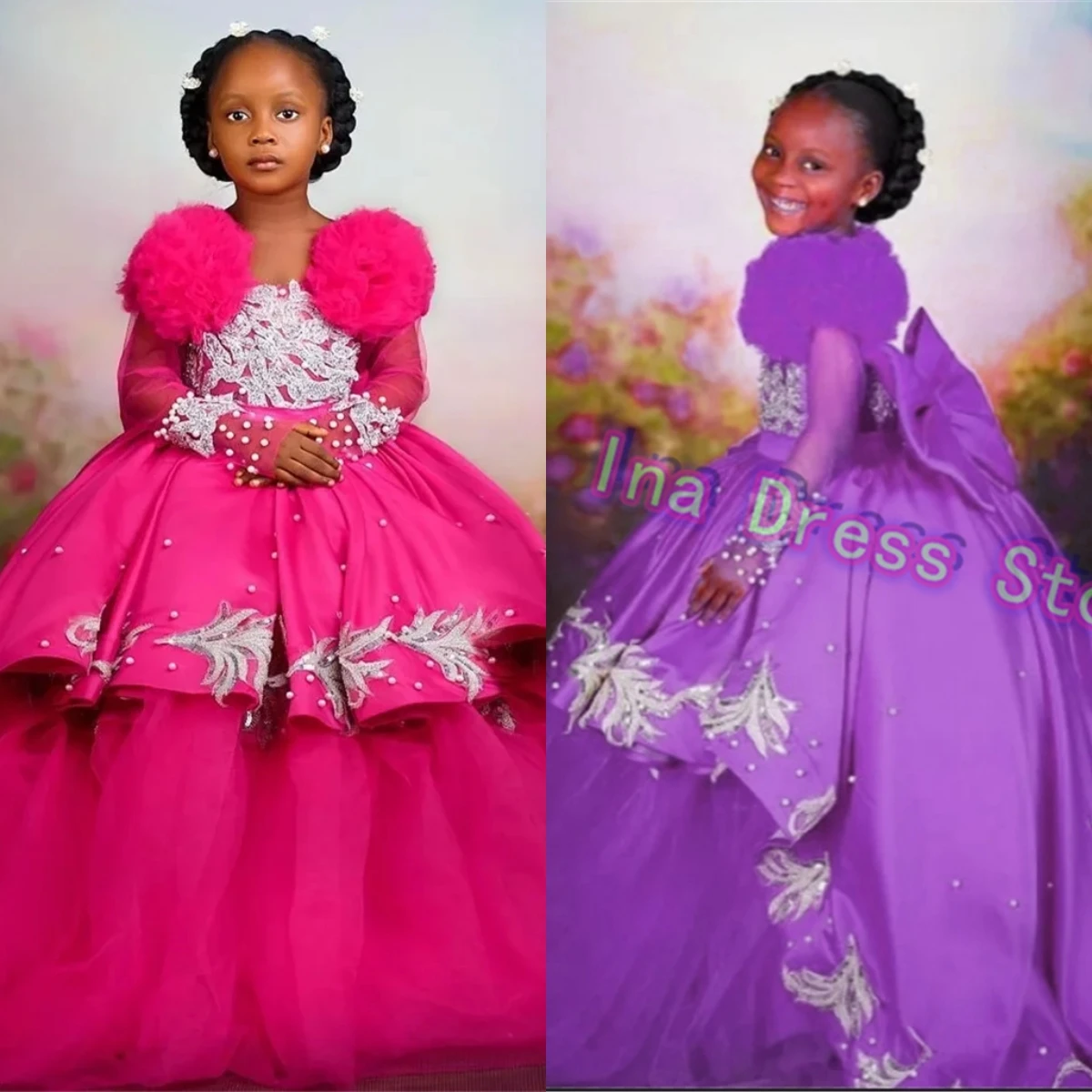 Gorgeous Satin Flower Girl Dress Pink White Appliqu&eacute; for Wedding Little Princess Kids Birthday Party Pageant Prom Ball Gowns