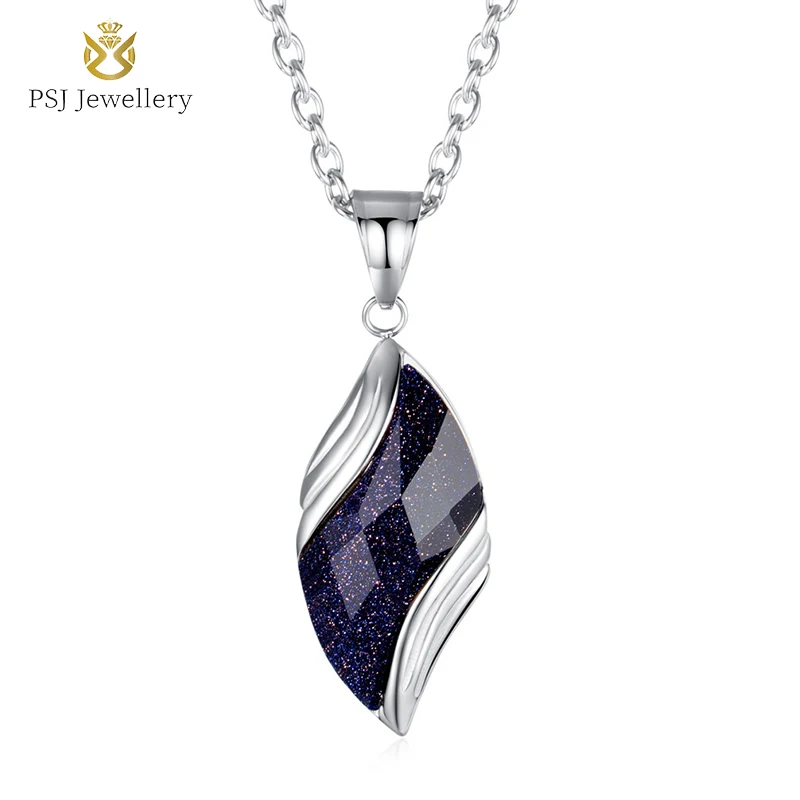 

Fashion Trendy Jewelry Blue Sandstone Leaf Design Pendant O-Chain Stainless Steel Necklaces for Men