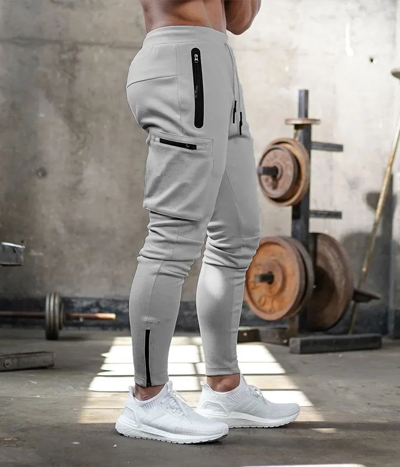 Fitness Sports Men's Casual Long Pants Multiple Pockets Drawstring Zipper Design Comfortable Breathable Outdoor Bottoms