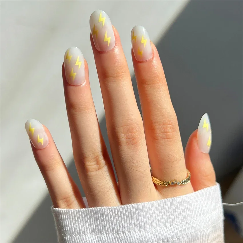 Fake nails 24Pcs French almond multicolor wave finished full acrylic removable press on nail art glossy waterproof