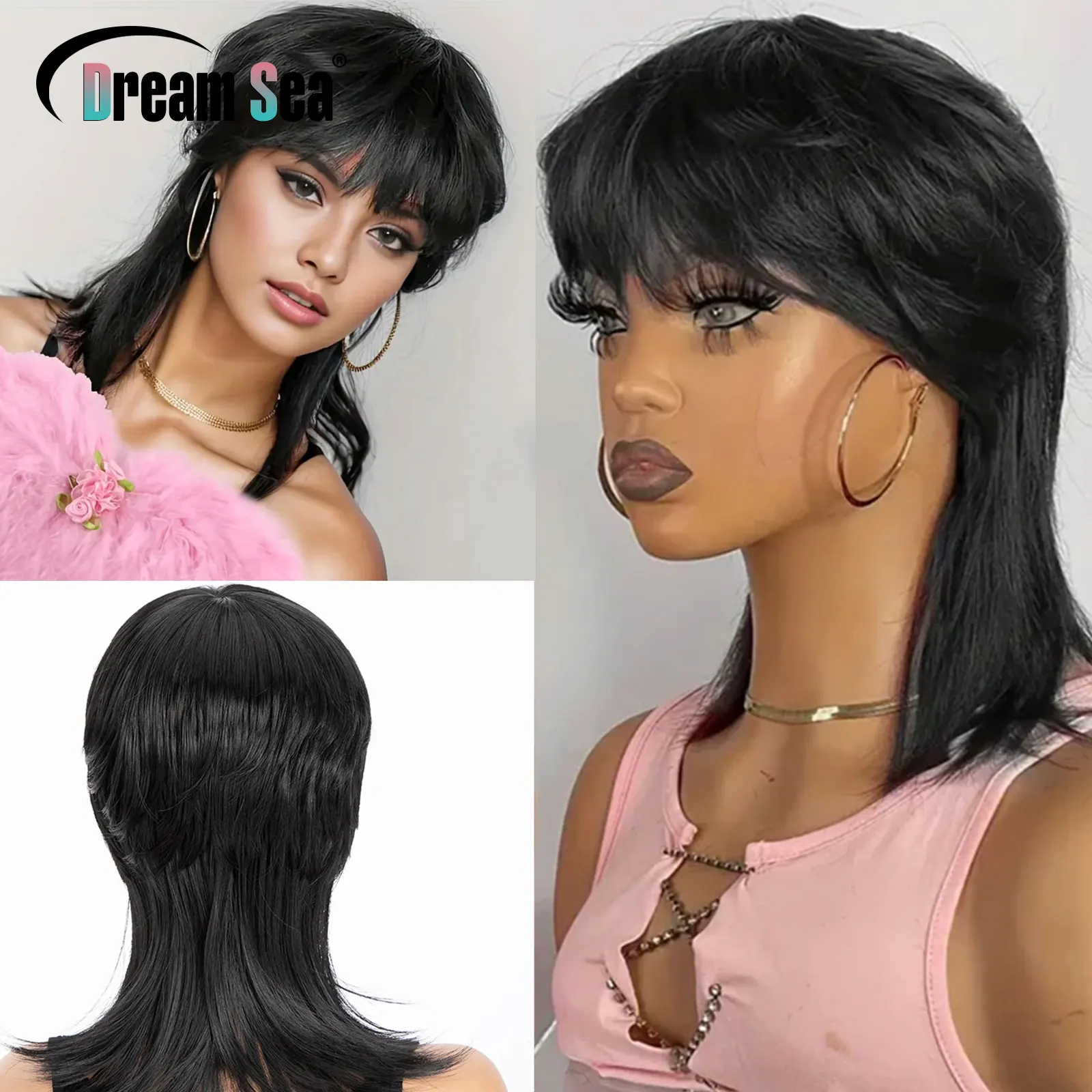 

Short Mullet Pixie Cut Wavy Human Hair Wigs Glueless Blonde Wear And Go No Lace Machine Made Wig With Bangs Brazilian Remy Hair