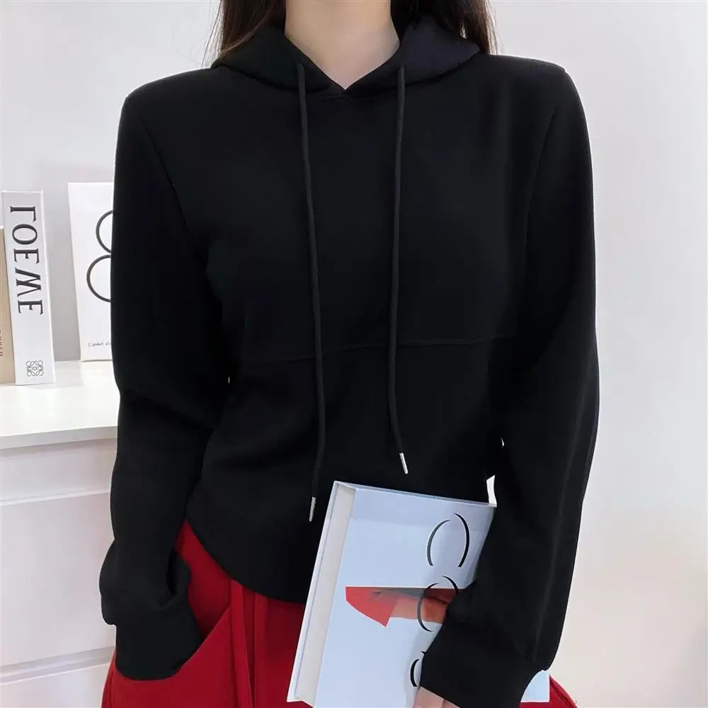 Autumn Solid Colors Drawstring Hooded Neck Hoodies Long Sleeve Casual Sweatshirt Women Tops
