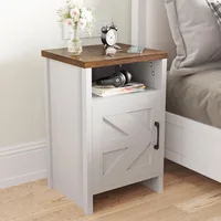 Farmhouse Nightstand, Modern Bedside Table with Barn Door and Shelf, Rustic End Table Side Tables for Bedroom, Nightstand 2