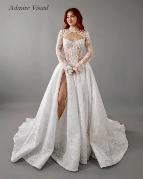 Admire Visual Wedding Dress A-Line Lace Detachable Sleeves Draped With Split On The Leg  Customized Bride Gown 1