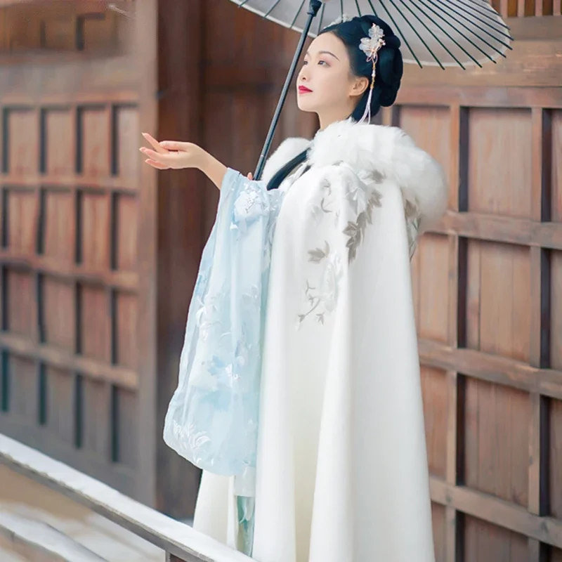 

Autumn Winter Women Chinese Style Hanfu Cape Cloak Fairy Hooded Floral Embroidery Warm Coat Oriental Ancient Princess Overcoat