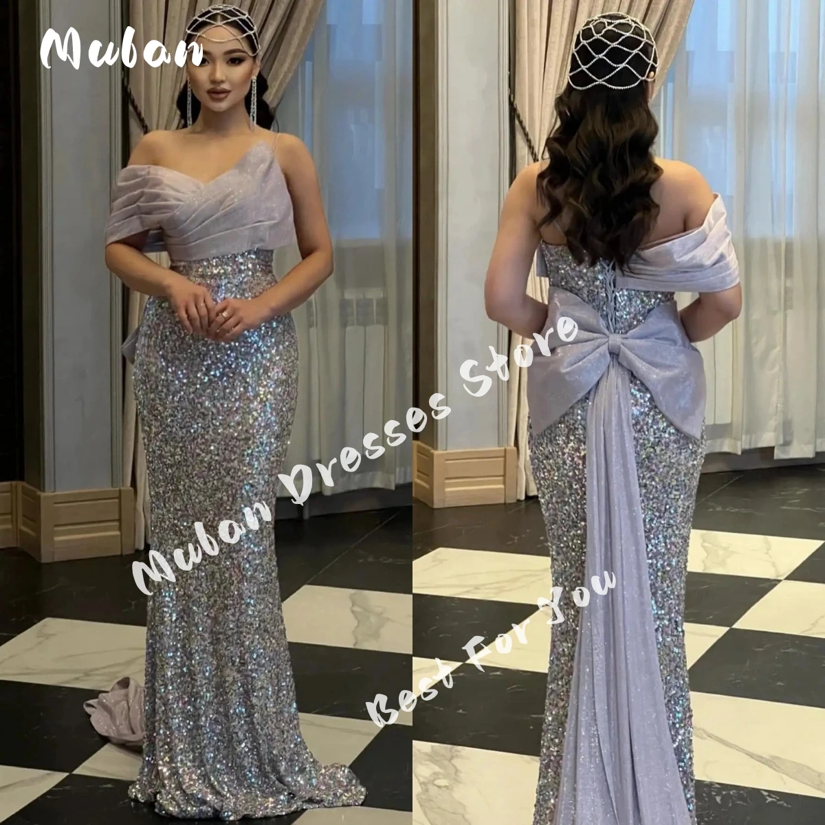 

One shoulder Sparkly Mermaid Prom Dresses Bow Ruched Modern Girl Evening Dresses 2024 Formal Occasion Party Gown