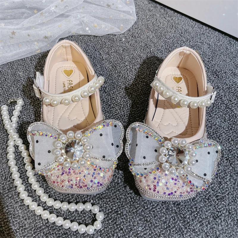 2023 Spring Autumn Girls Princess Dress Shoes Baby Shoes Kids Flats Dance Brand Rhinestone Glitter Soft Sole Mary Janes Flats spring autumn double buckle strap flats non slip girls oxford shoes butterfly knot leather shoes kids platform mary janes shoes