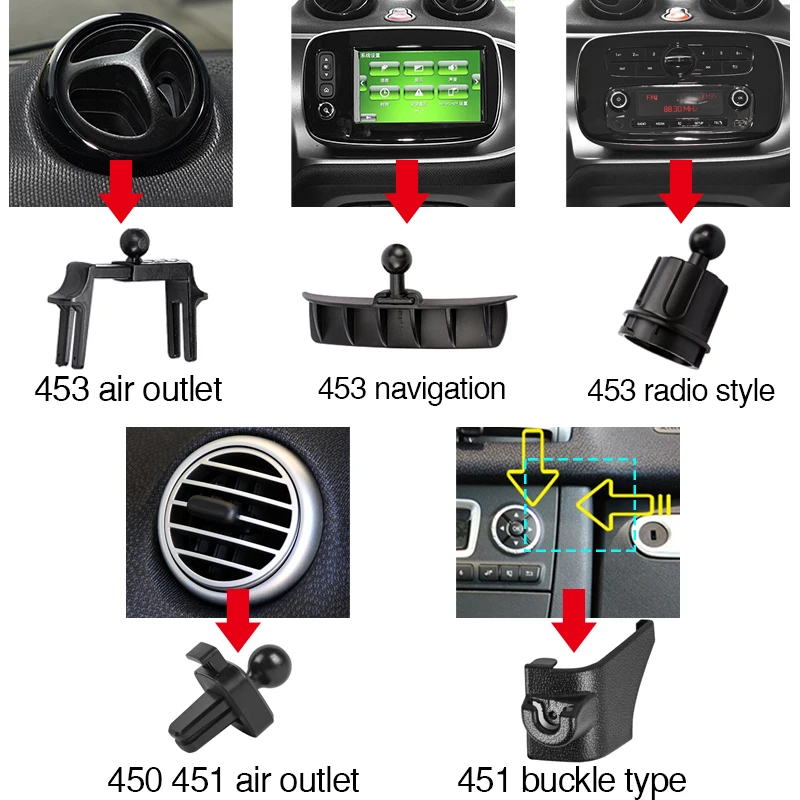 Car Interior Mobile Phone Holder phone holder mobile phone holder Radio Navigation Screen Air Outlet Support Gravity Bracket For Smart 450 451 453 Fortwo Forfour