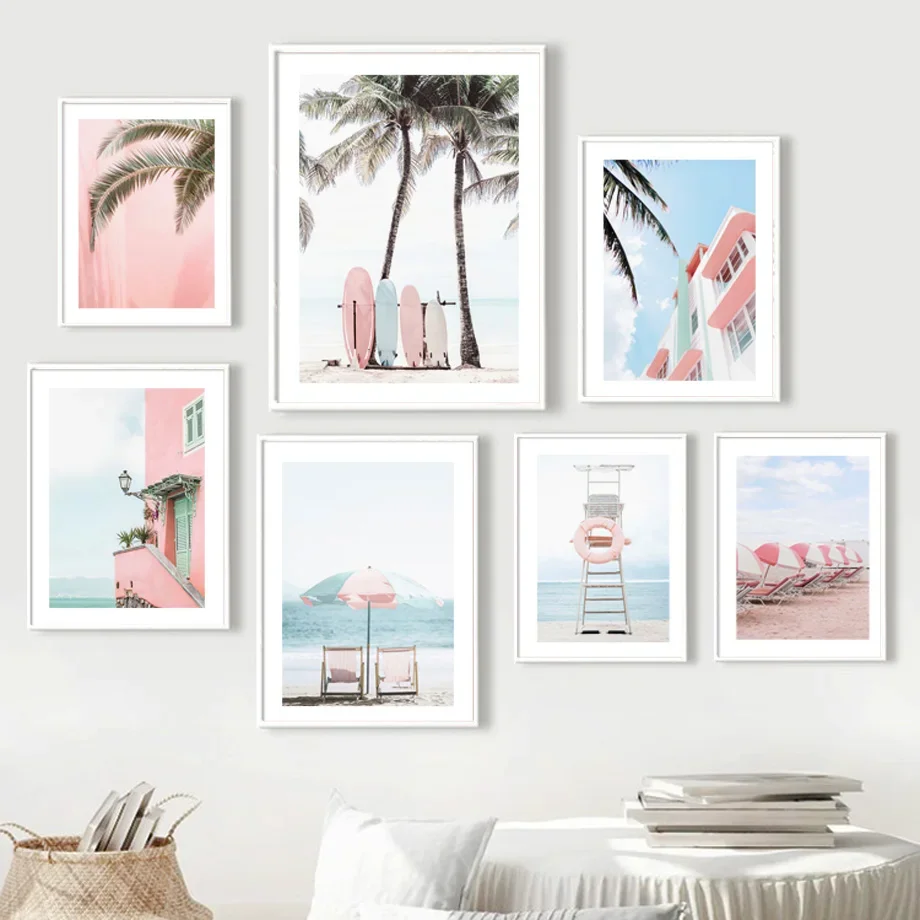 

Beach Landscape Palm Leaves Surfboard Flower Wall Art Canvas Painting Nordic Posters And Prints Wall Pictures For Living Room