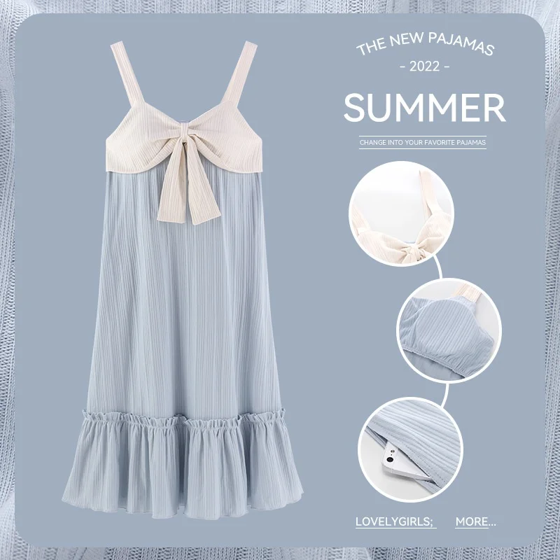 Damen Nachtwäsche mit Stilleinlagen, Straps-Nachtwäsche, Baumwoll-Nachthemd, Lebhaftes Mädchen, Mittellange bis lange, lockere Sommer-Hauskleidung_voghion.com