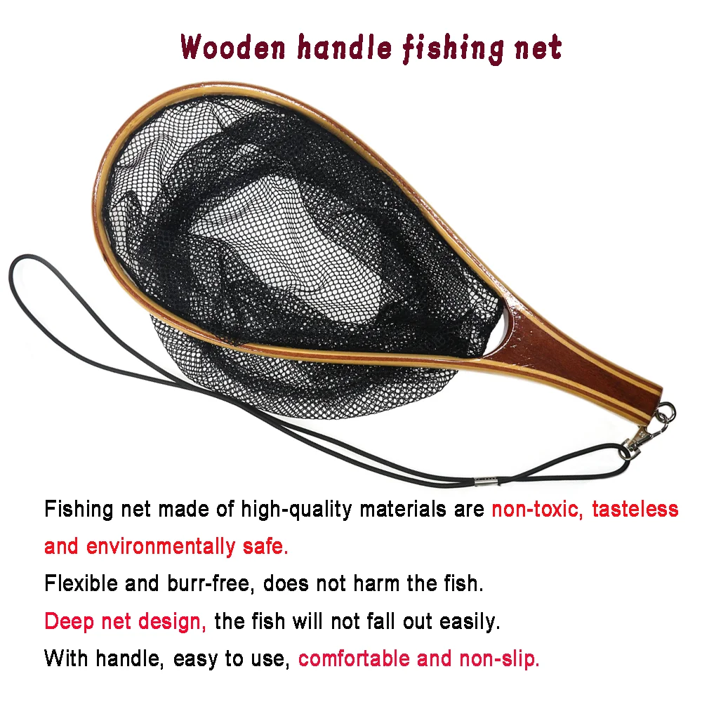Vampfly Fly Fishing Wooden Handle Net Landing Soft Nylon Mesh Trout Fish  Catch Release Black Fishing Net