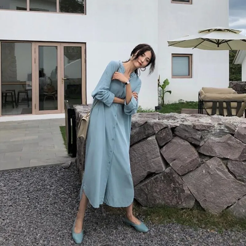 Corea Chic Allentato Midi Camicia Lunga Abito Manica Lunga Bottoni Spacco Abiti Donna Autunno Autunno Abiti Oversize Abito Femminile