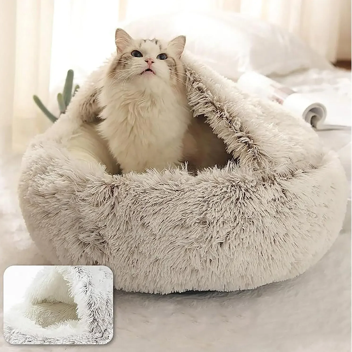 Soft Plush Pet Bed with Cover Round Cat Bed Pet Mattress Warm Cat Dog 2 in 1 Sleeping Nest Cave for Small Dogs 5