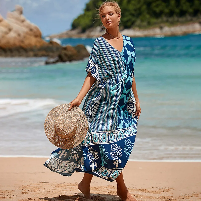 

Printed Kaftans for Women Beach Cover Up Seaside Maxi Bohemian Dresses Beachwear Pareo Bathing Suits Factory Supply Dropshipping