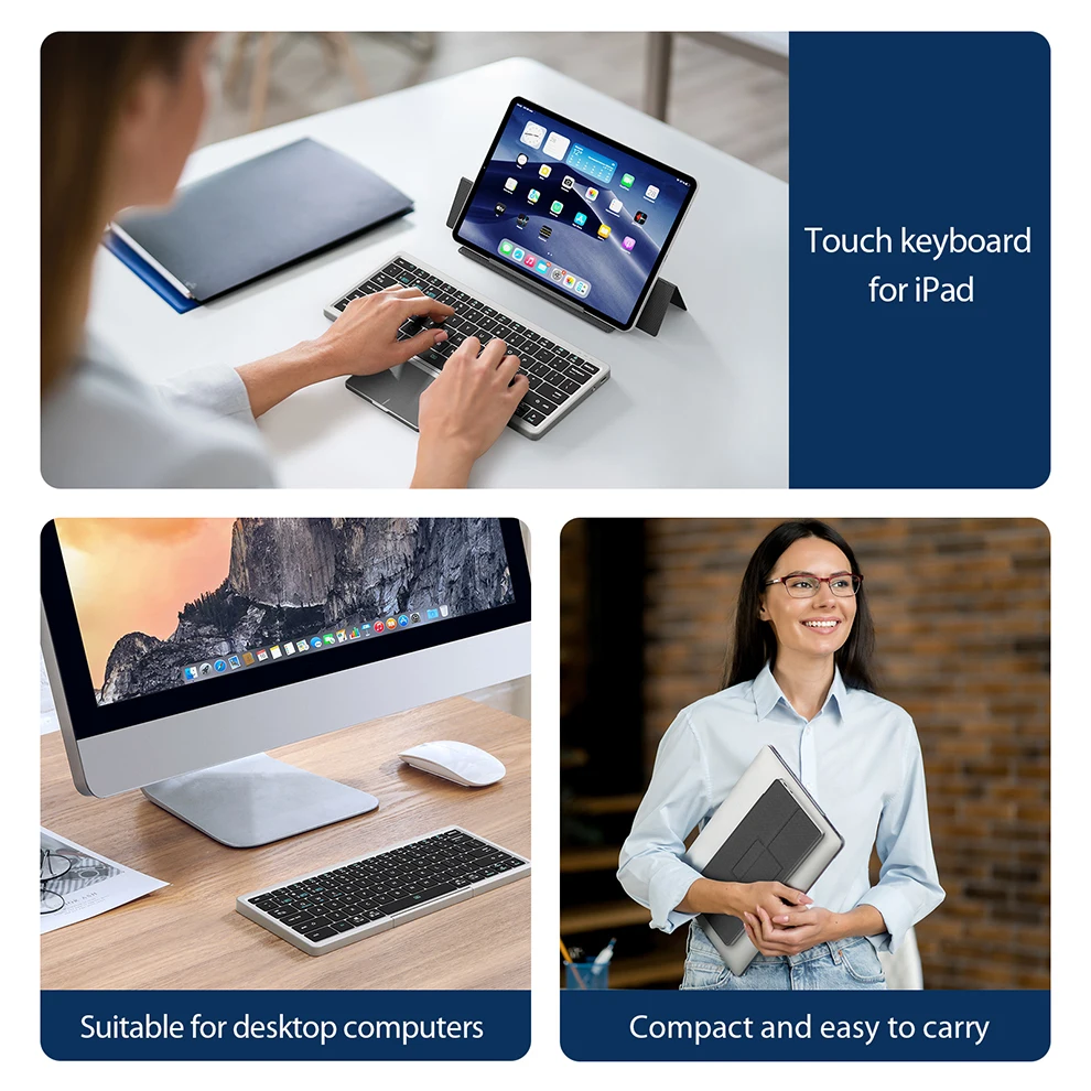 Teclado sem Fio Dobrável com Touchpad Bluetooth Multi Dispositivo Ipad Laptop Windows Android Ios Capa de Couro - Imagem 5
