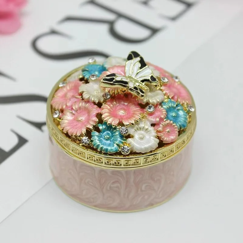 

European Enamel Alloy Jewelry Box Wedding Decoration Ornament Vintage Round Butterfly Daisy Luxury Gift Packaging Case Container
