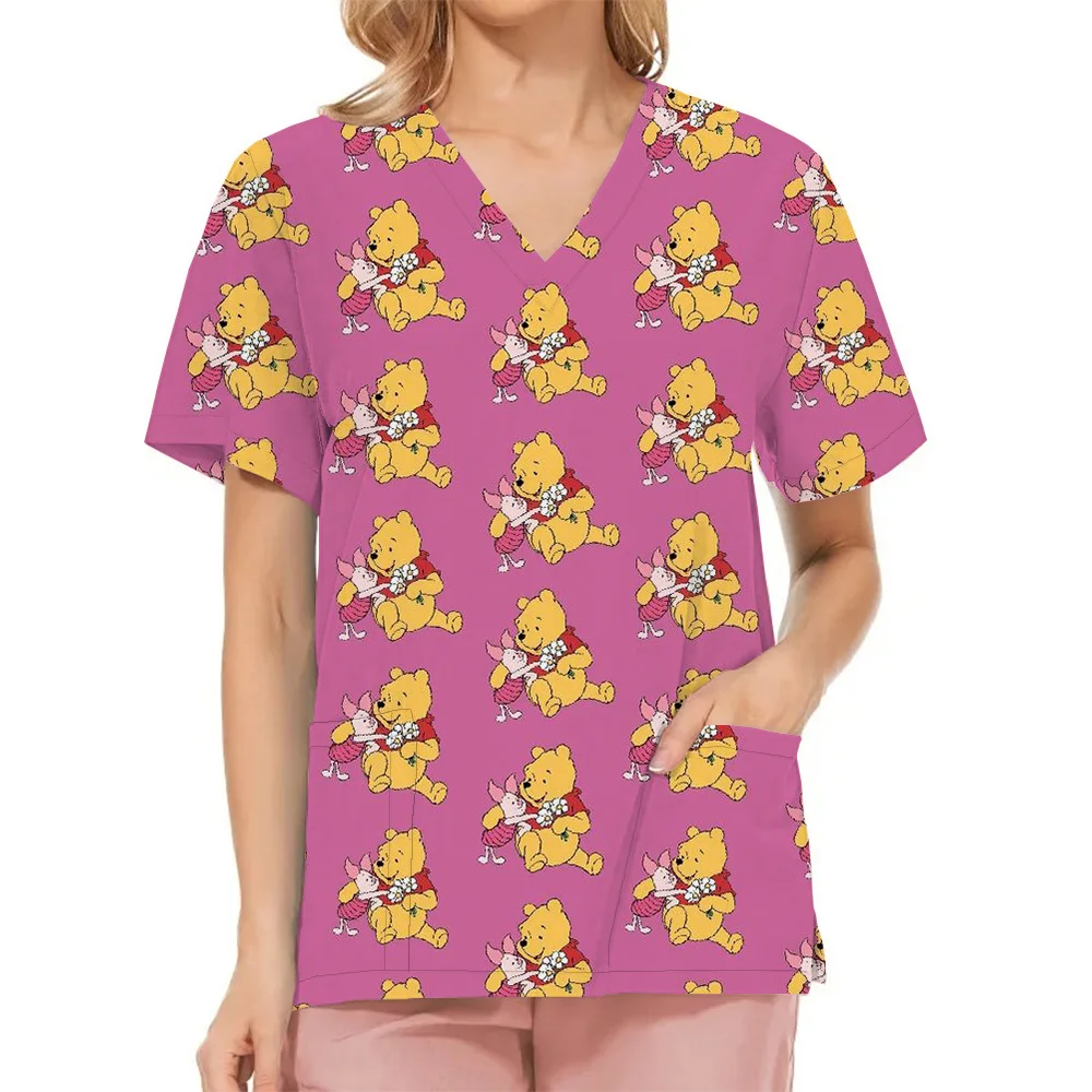 Winnie The Pooh Clinic Hospital Nurse Workwear Teeth 3D Printing T-shirt Women's V-neck Pocket Medical Clothing Nursing Top Work 5
