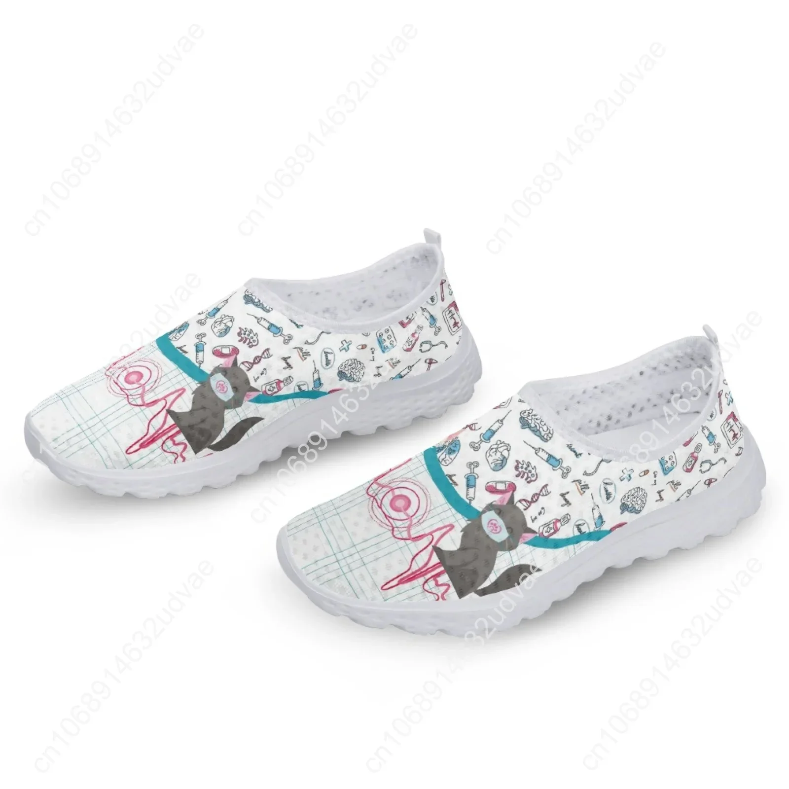 Cute Cat and Medical Tools Cartoon Female Flat Shoes ECG Cats With Mask Printed Women Mesh Sneakers Slip-on Loafers