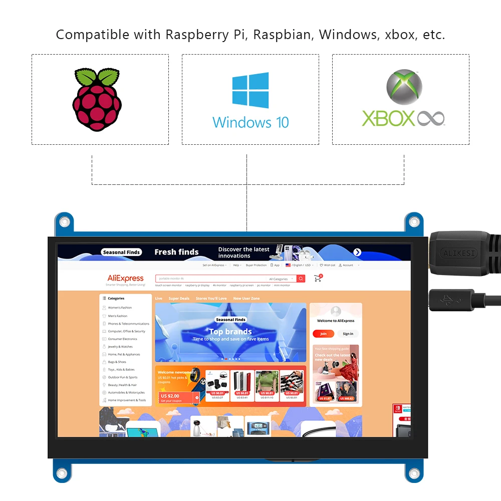 JRP7007 7Inch TFT LCD Display Touch Screen Monitor for Raspberry Pi 3 2 Model B Raspberry Pi 1 model B 1024*600 RGB Pixels