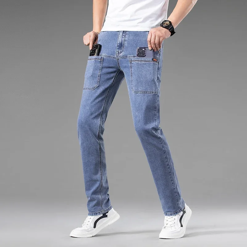 Multi-bag Design Large Capacity Straight Leg Stretch Jeans Classic Style Blue Slim Cotton Elastic Regular Fit Denim Pants