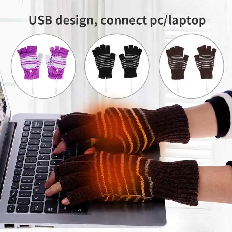 1 Pair 5V USB Winter Warm Heating Gloves Men Women Heated Half Finger Mittens Keep Warm 2