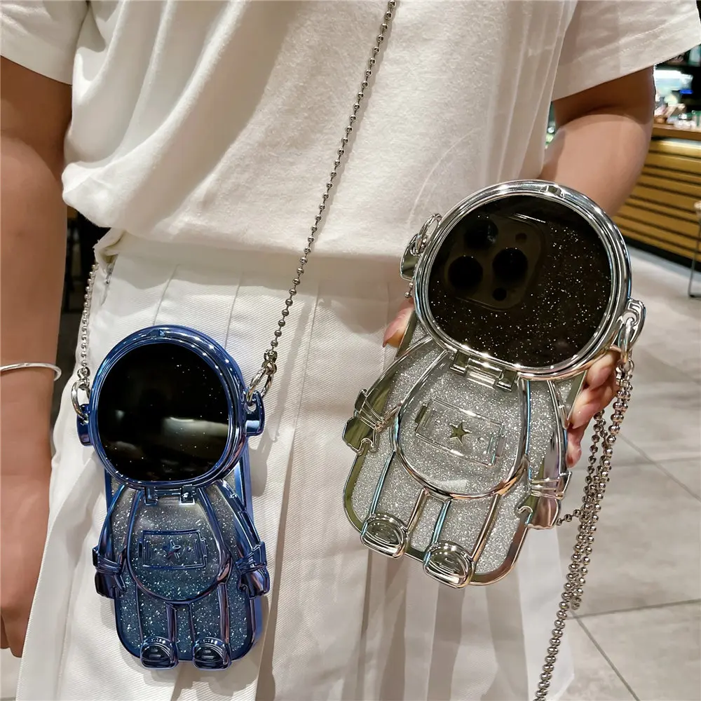Astronaut Mirror Makeup Clear Crossbody Phone Case with Glitter Shockproof Cover