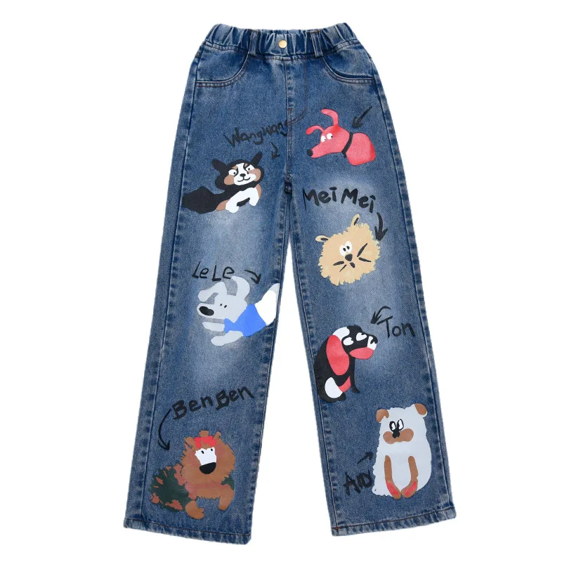 New 2024 Teenage Girls Blue Street Cartoon Print Elastic Mid