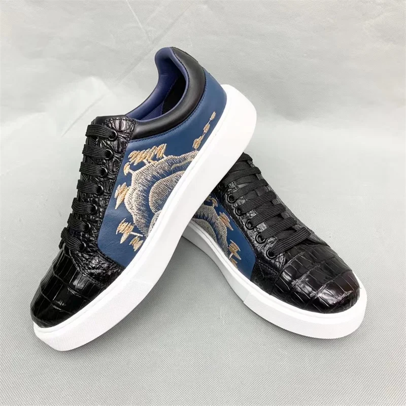 

Unique Patchwork Design Authentic Crocodile Skin Men Embroidery Board Shoes Genuine Alligator Leather Male Lace-up Walking Flats