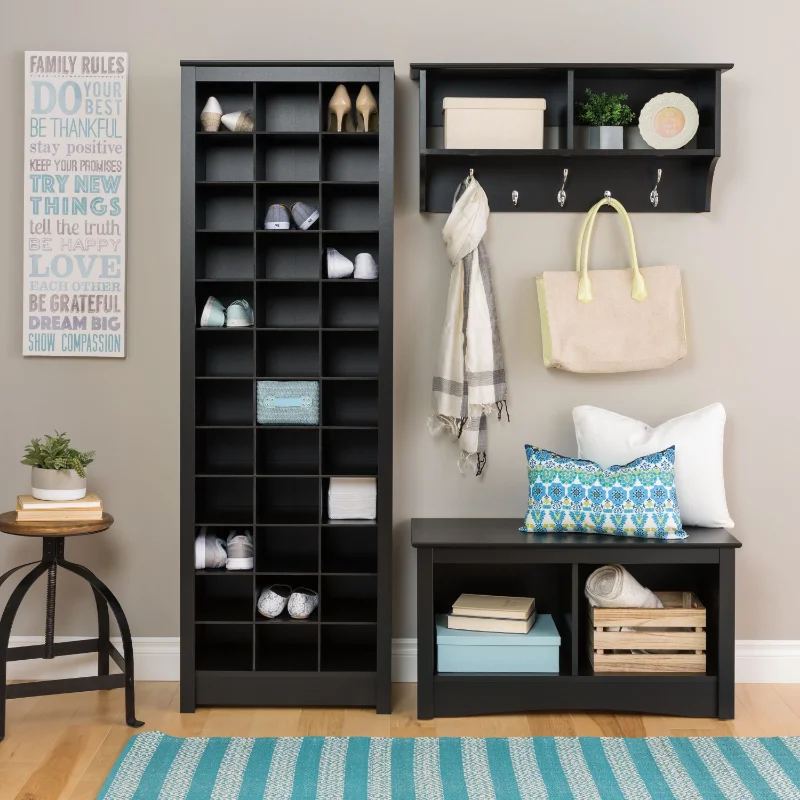 

Prepac Space-Saving 36 Pair Shoe Storage Cabinet With Cubbies, Black home furniture shoes racks