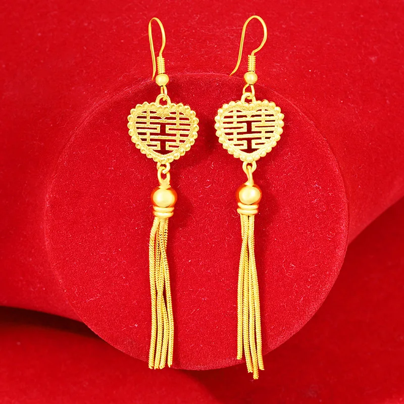 

HOYON Pure 24K Yellow Gold Color women's earring Hollow Heart design long Tassel dangles Earring for brides wedding Jewelry