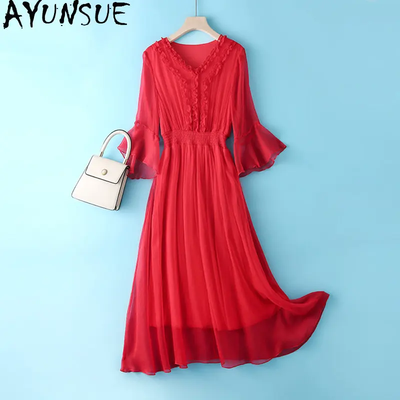 

New Women's Summer Beach Dress Fairy Dress for Women Waist Slim Long 100% Mulberry Silk Dress Women's Clothing Vestido Feminino